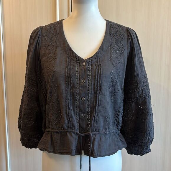 Lucky Brand gray eyelet button front w/tie boho peasant shirt top blouse S - Picture 4 of 14